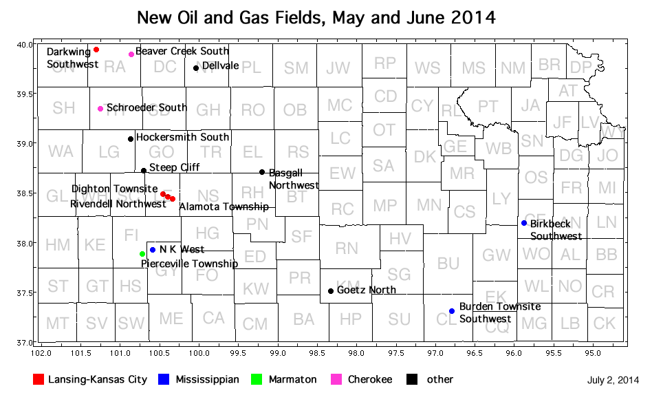 Map shows location of wells in new field discoveries, May and June 2014