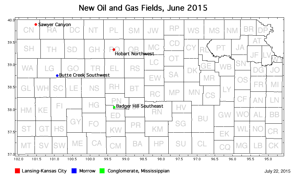 Map shows location of wells in new field discoveries, June 2015