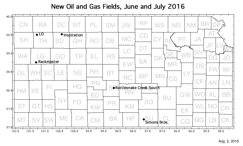 Map shows location of wells in new field discoveries, June and July 2016