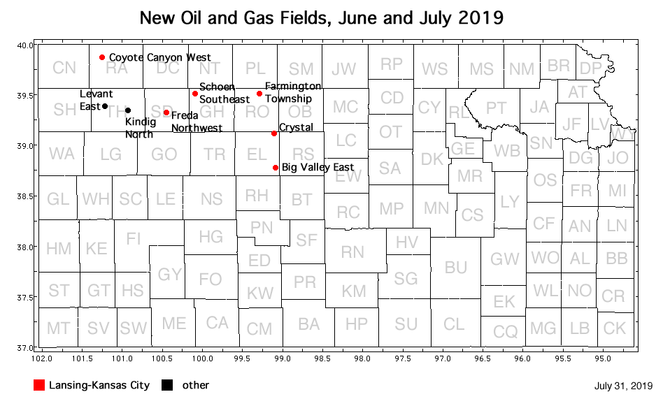 Map shows location of wells in new field discoveries, June and July 2019