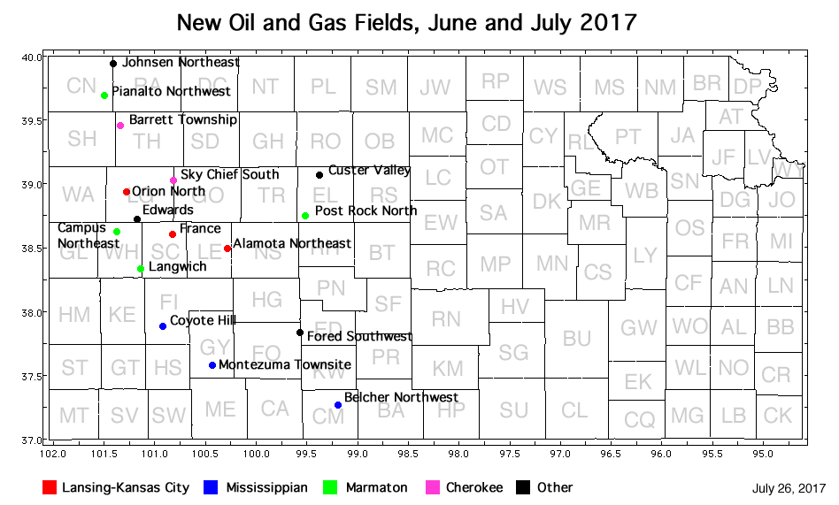 Map shows location of wells in new field discoveries, June and July 2017