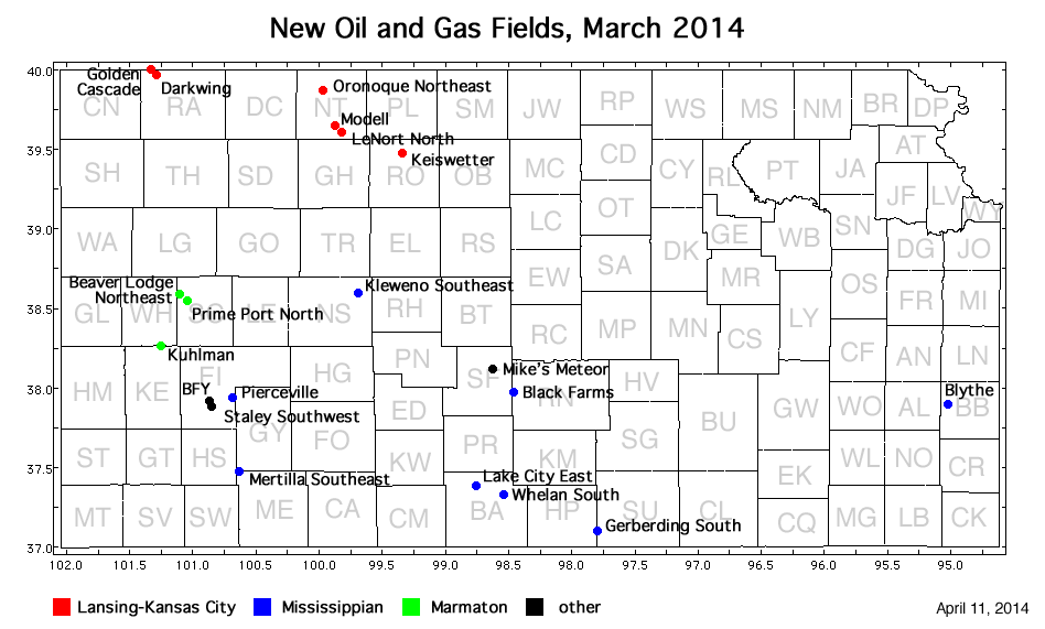 Map shows location of wells in new field discoveries, March 2014