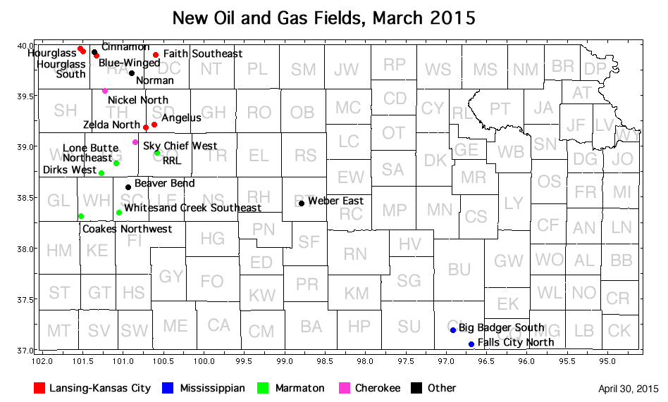 Map shows location of wells in new field discoveries, March 2015