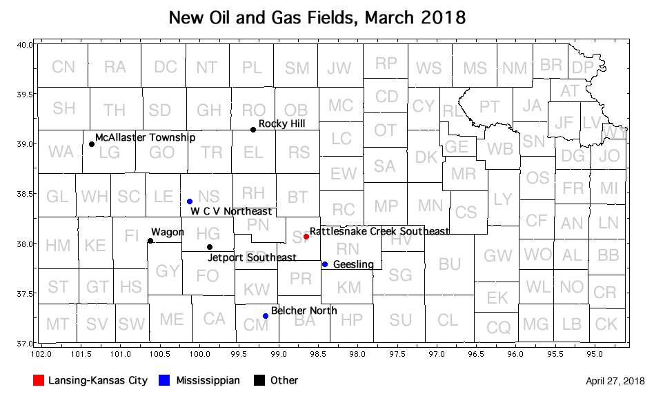 Map shows location of wells in new field discoveries, March 2018