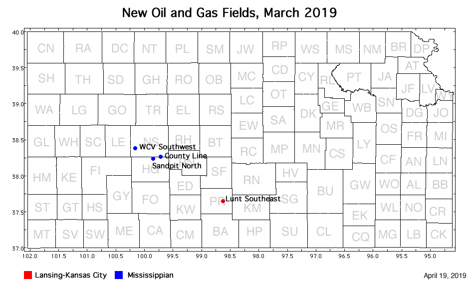 Map shows location of wells in new field discoveries, March 2019