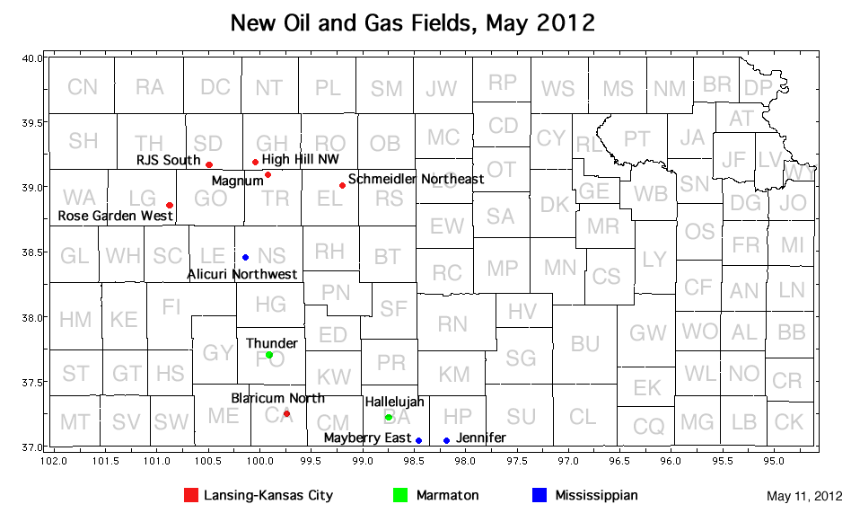 Map shows location of wells in new field discoveries, May 2012