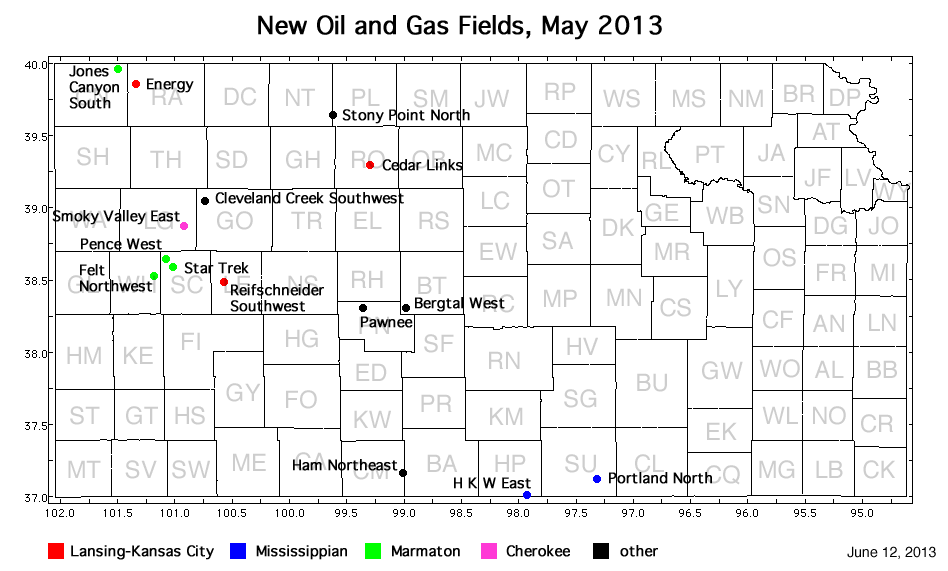 Map shows location of wells in new field discoveries, May 2013