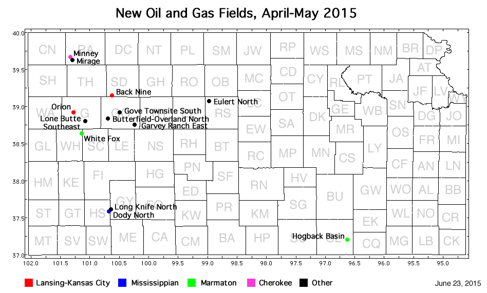 Map shows location of wells in new field discoveries, April-May 2015