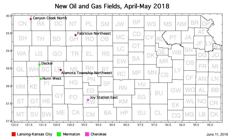 Map shows location of wells in new field discoveries, April-May 2018