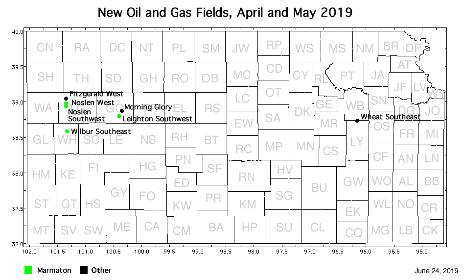 Map shows location of wells in new field discoveries, April and May 2019