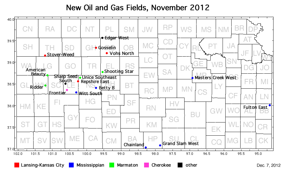 Map shows location of wells in new field discoveries, November 2012