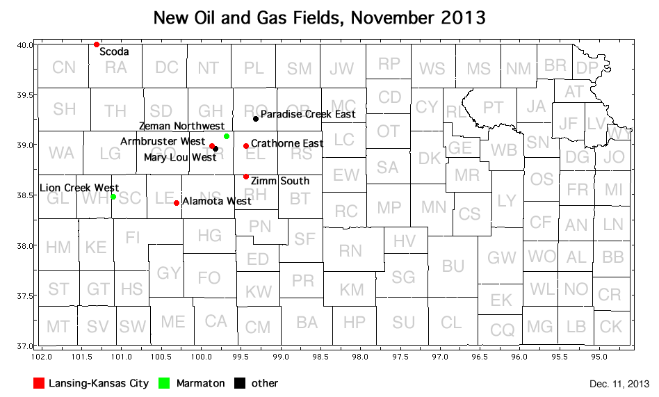 Map shows location of wells in new field discoveries, Nov. 2013