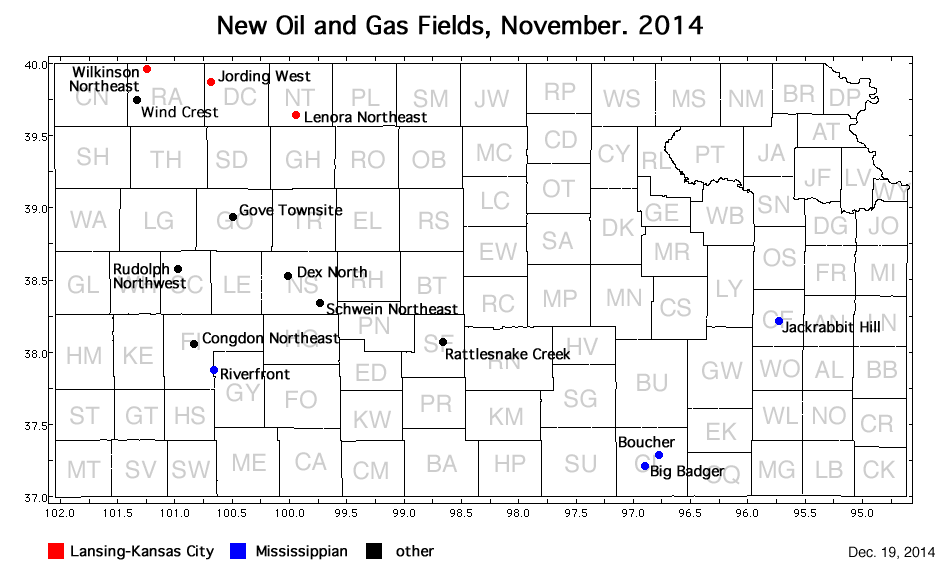 Map shows location of wells in new field discoveries, Nov. 2014
