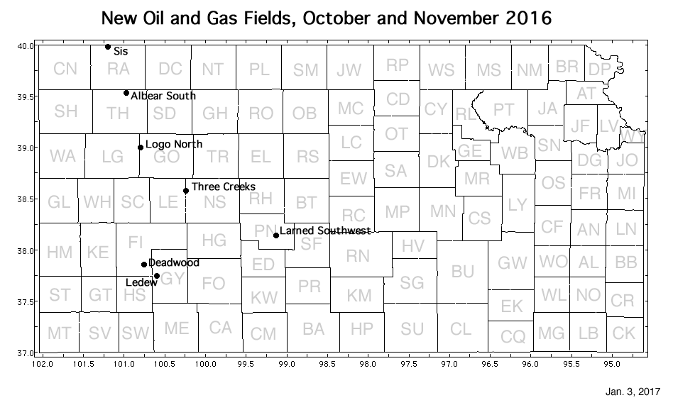 Map shows location of wells in new field discoveries, October and November 2016