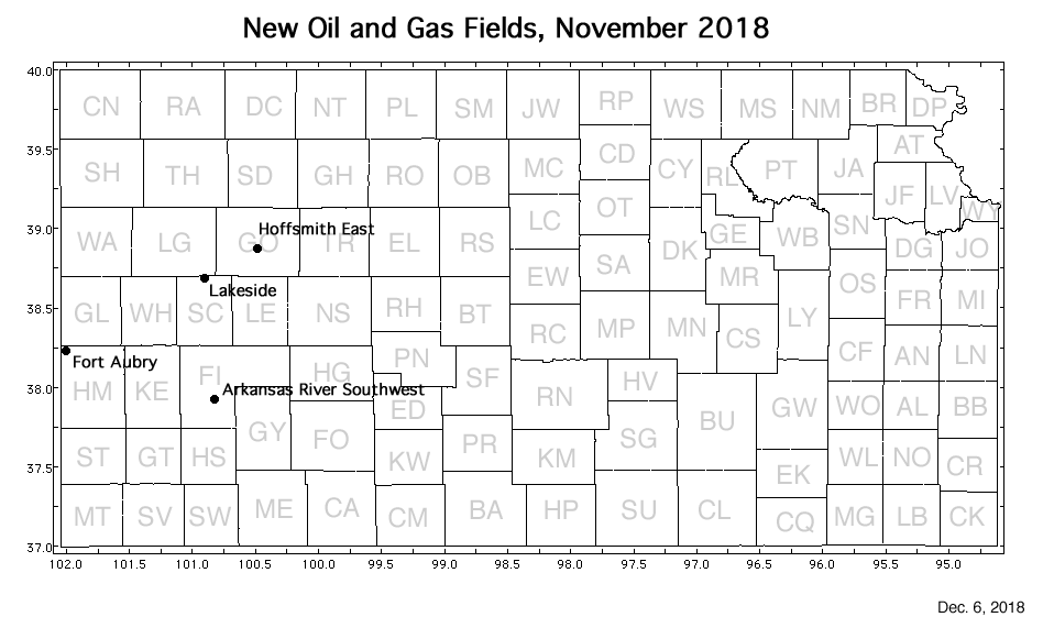 Map shows location of wells in new field discoveries, November 2018