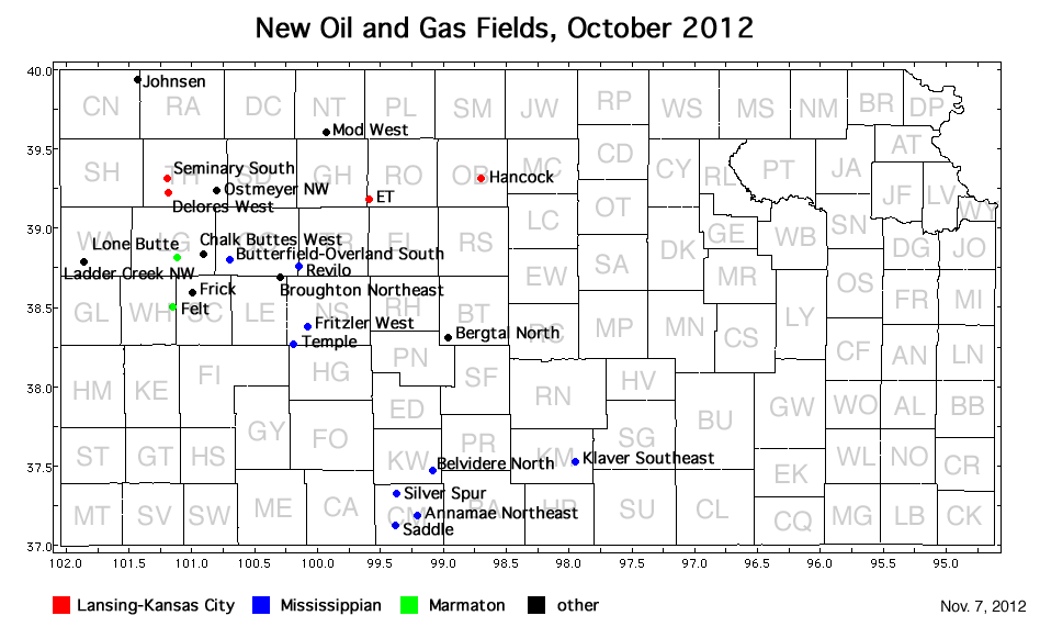 Map shows location of wells in new field discoveries, October 2012