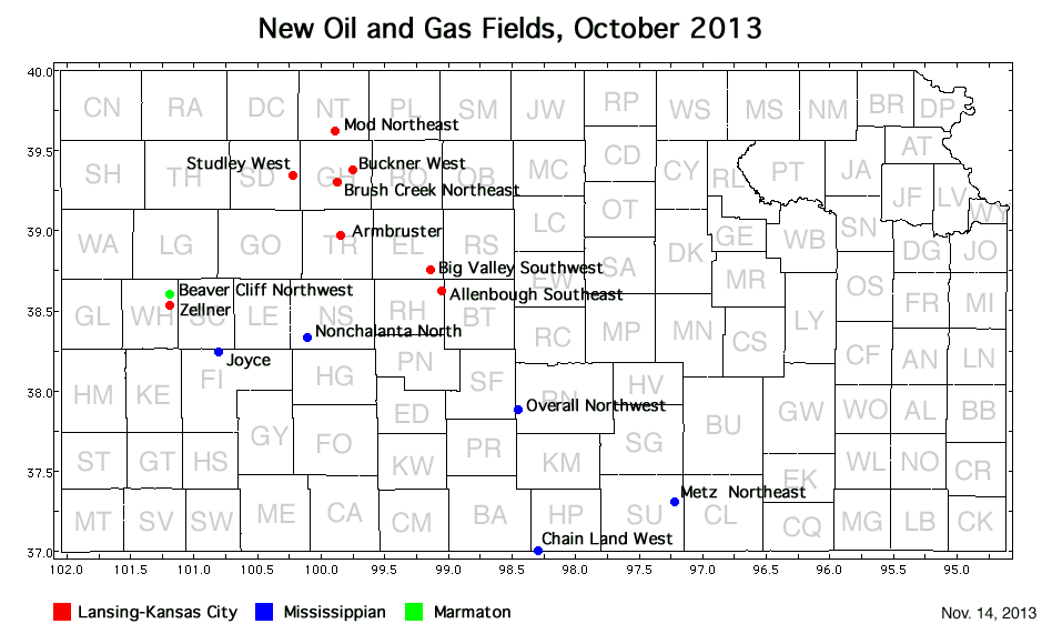 Map shows location of wells in new field discoveries, Oct. 2013