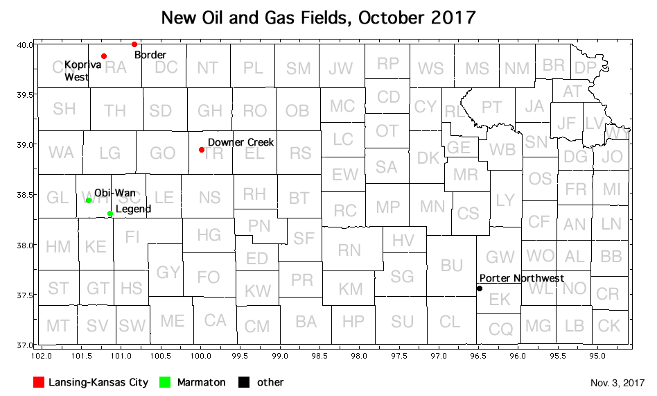 Map shows location of wells in new field discoveries, October 2017