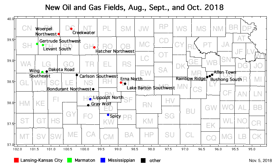 Map shows location of wells in new field discoveries, Aug., Sept., and Oct. 2018