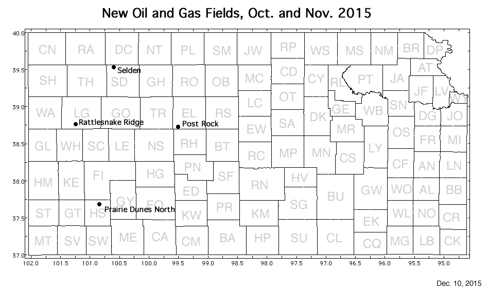 Map shows location of wells in new field discoveries, October and November 2015