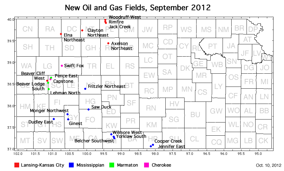 Map shows location of wells in new field discoveries, September 2012