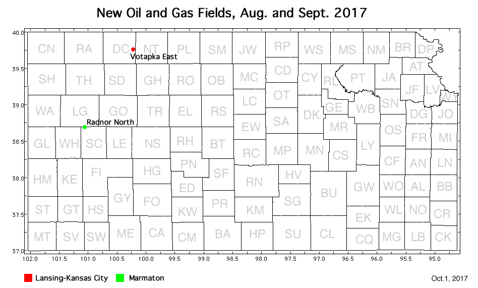 Map shows location of wells in new field discoveries, Aug. and Sept. 2017