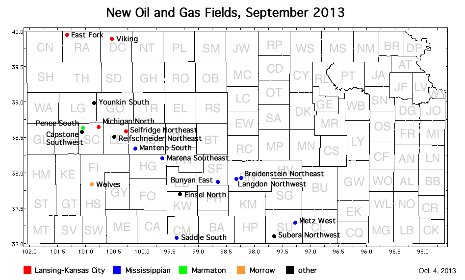 Map shows location of wells in new field discoveries, Sept. 2013