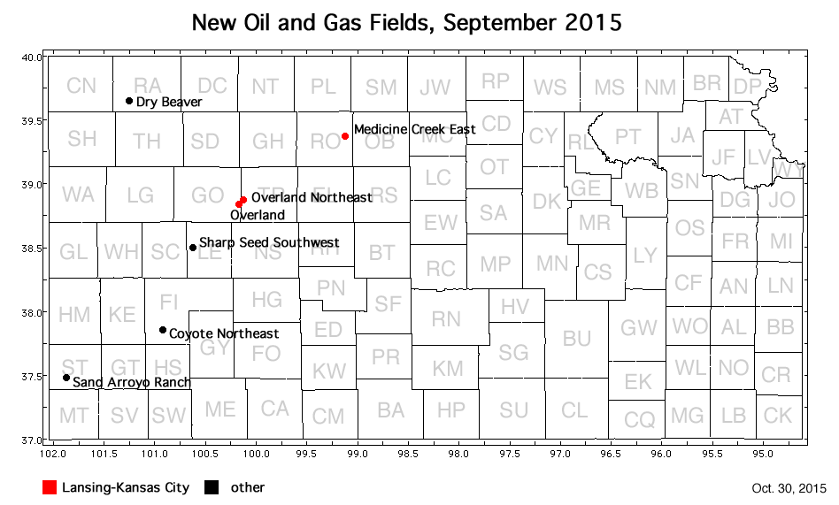 Map shows location of wells in new field discoveries, September 2015