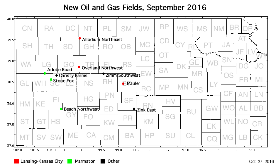 Map shows location of wells in new field discoveries, September 2016