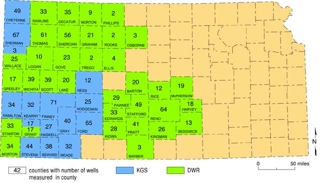 map of Kansas showing number of wells and assigment of responsibility