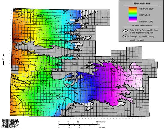 Water table elevations range from 3800 feet in Sherman and Wallace to 1300 in Harvey, McPherson, and Reno counties.