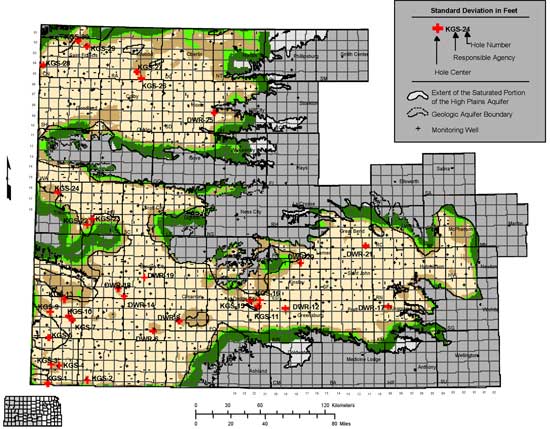 Holes are scattered throughout area; towards edges of aquifer in many counties, also some near Sublette, Garden City, Kingman, and Dodge City.