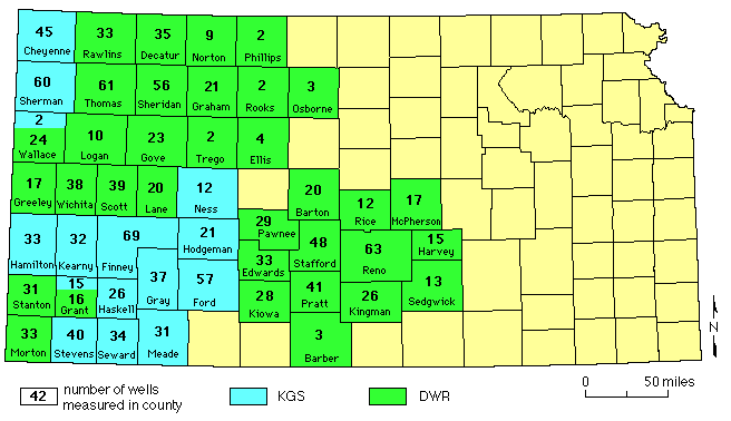 map of Kansas showing number of wells and assigment of responsibility