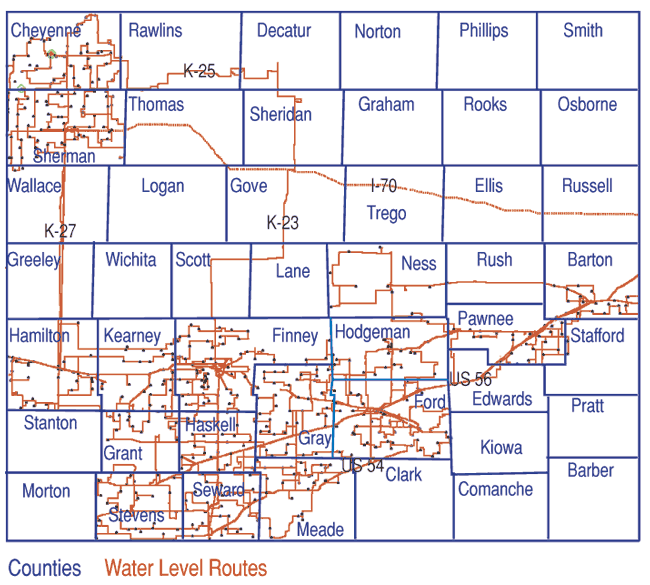 Map of western Kansas showing path of vehicle from GPS unit.