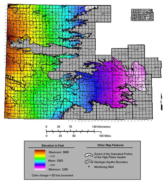 Colored copntour map of the water table in western Kansas.  Max is 3885 in far western Kansas; min is 1285 in Sedgwick.