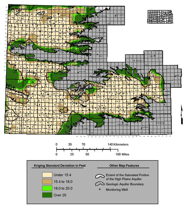 Std. Dev. is consistantly under 15.4 for much of area; rises on the edges and a few areas inside boundary where aquifer not saturated.