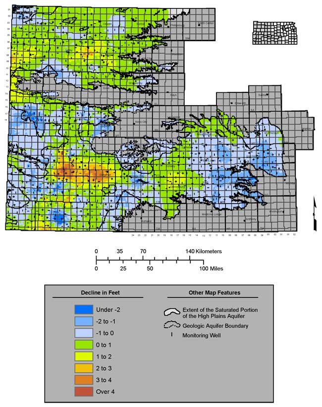 Decline greatest in southern Finney, central Gray; small rises in central Stevens, western Seward, Greeley.