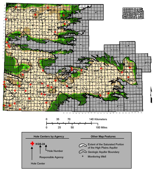 In northern half and far east, holes are around edges; in southwest, there are still holes withing center of aquifer.