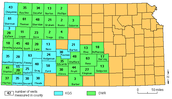 map of Kansas showing how many wells are measured in each county