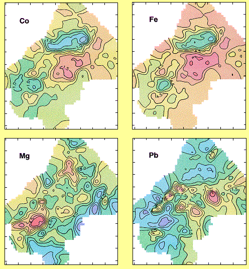 contour maps showing Co, Fe, Mg, and Pb concentrations