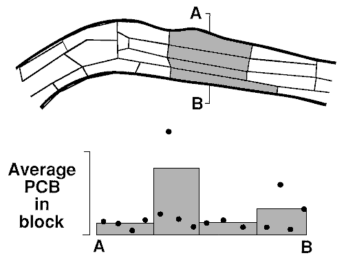 area of river split into blocks and average PCB in blocks