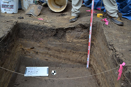 Profile showing complex fluvial stratigraphy above a c. 9,000 yr B.P. buried soil.