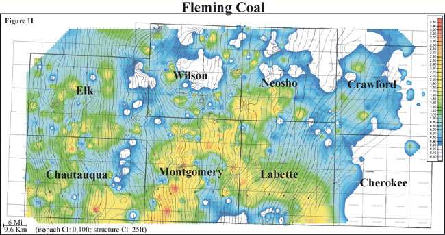 color isopach map of Fleming coal overlain by contours of bottom of Fleming