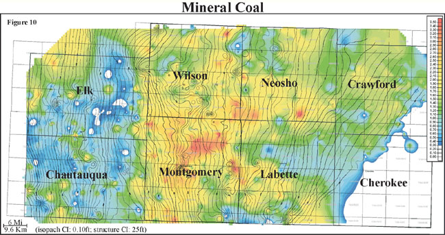 color isopach map of Mineral coal overlain by contours of bottom of Mineral