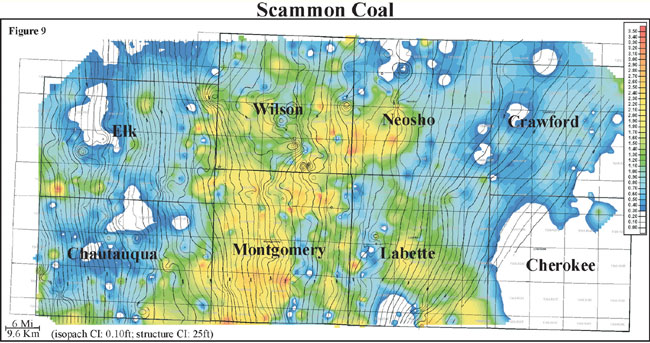 color isopach map of Scammon coal overlain by contours of bottom of Scammon