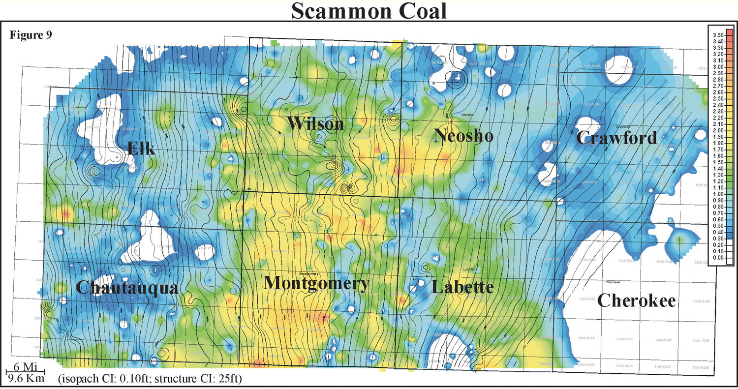 color isopach map of Scammon coal overlain by contours of bottom of Scammon