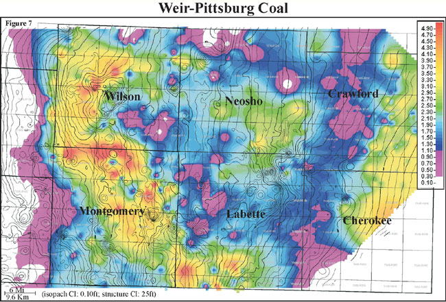 color isopach map of Weir-Pitt coal overlain by Mississippian contours