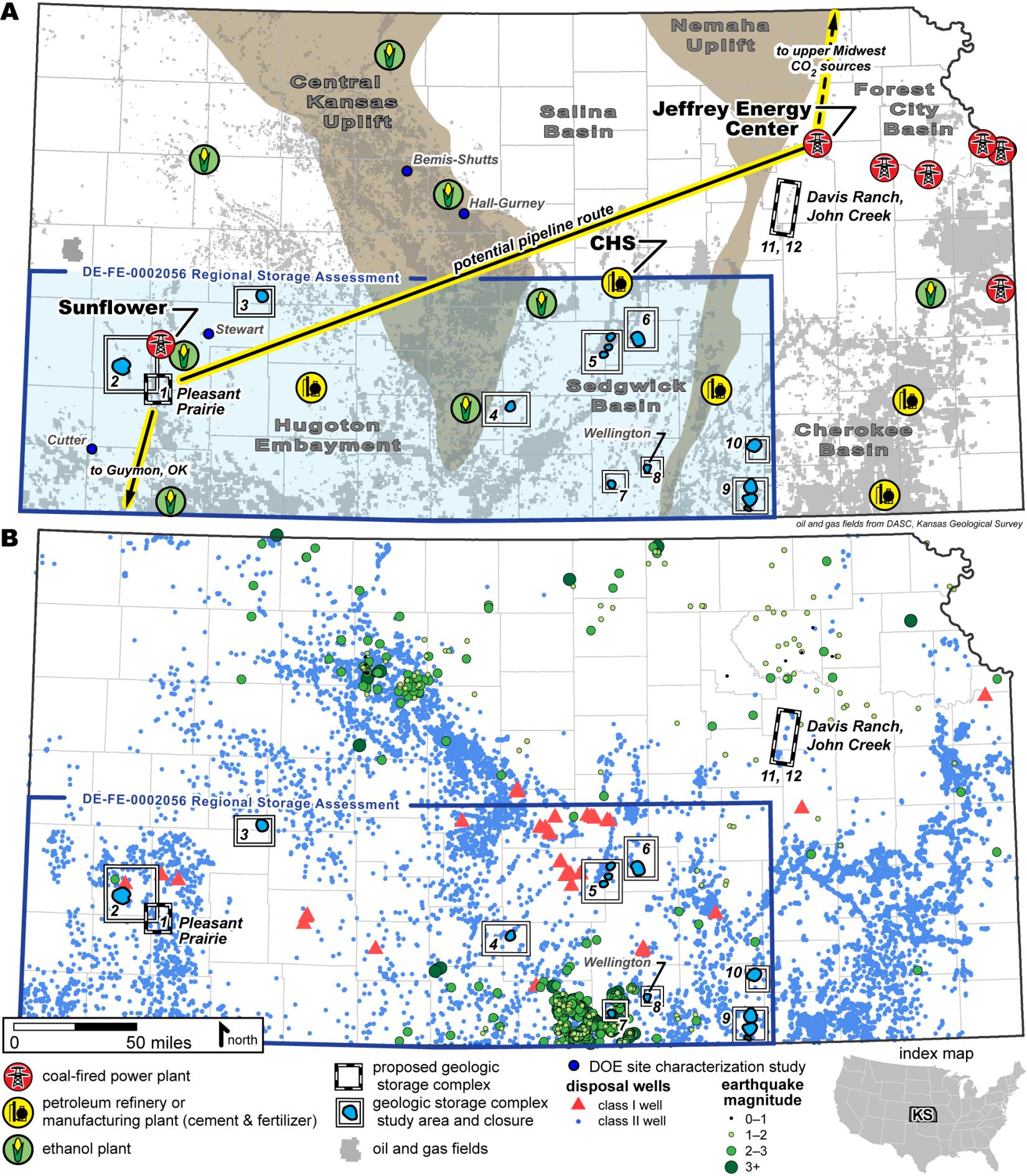 Two maps showing possible pipeline route and earthquakes/disposal sites.
