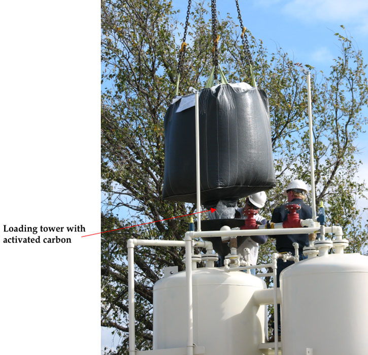 Two men helping to postition bag of carbon above funnel, release contents of bag into tank.