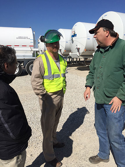 Driver explained the process he follows when transferring CO2 to one of the 5 storage tanks on-site.